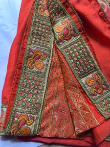 Elegant Coral Embroidered Silk Saree