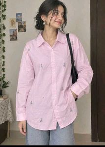 Cute Pink Embroidered Oversized Shirt