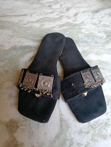 Black Flat Sandals with Oxidized Silver Embellishm