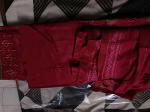 Maroon Embroidered Cotton Dress Material