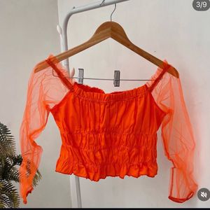 Orange Off-Shoulder Ruched Mesh Top