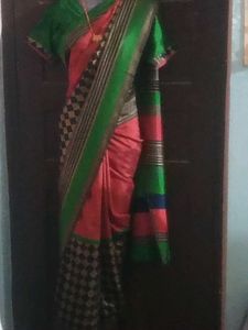 GentlyUsed CottonSilk Saree-RustBlackGreenStripes