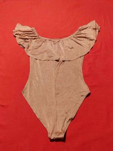 Tan Off-Shoulder Ruffle Bodysuit