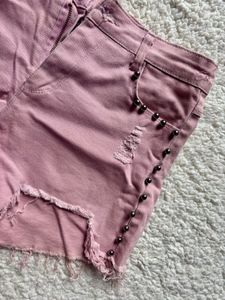 Pink Studded Distressed Denim Shorts