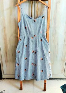 Chic Blue Striped Floral Summer Dress Size-28