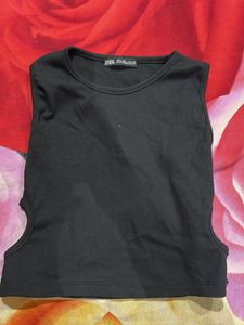Zara Black Ribbed Cut-Out Crop Top