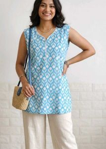 Blue Printed Sleeveless Kurti