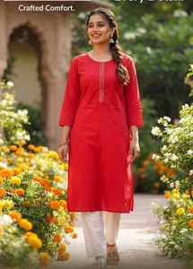 Vibrant Red Cotton Kurta with Gold Accent