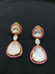 Pure Silver Polki Earings In Pink (New)