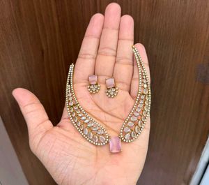 Elegant CZ &amp; Pink Stone Necklace Set