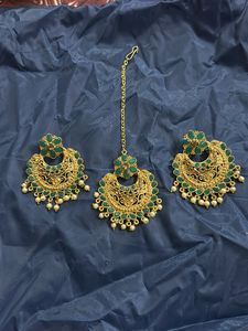 Green  Earrings With Mang Tikka