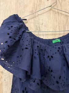 Navy Blue Off-Shoulder Eyelet Top