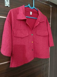 Vibrant Red Cropped Button-Up Shirt