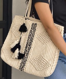 Boho Textured Tote Bag with Tassels
