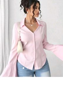 Chic Pink Striped Flare Sleeve Blouse