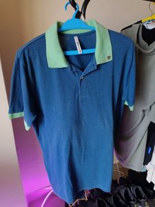 Men's Blue Polo Shirt with Green Collar