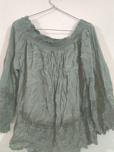 Boho Off-Shoulder Crochet Trim Top