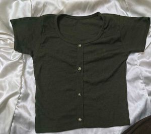 Olive Green Ribbed Button-Up Top