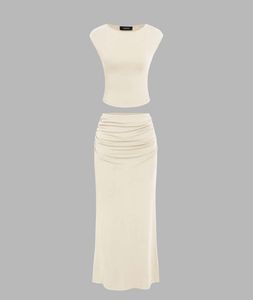 Cream Ruched Maxi Skirt & Top Set