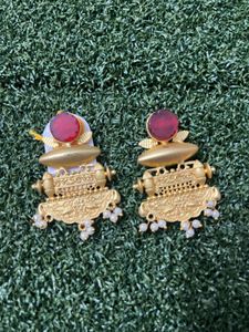Exquisite Gold-Plated Ethnic Earrings with Red Sto