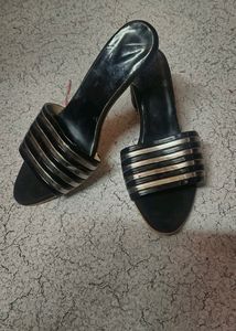 New Black And Silver Strip Low Heel