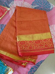 Orange Saree with Golden Border