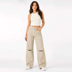 Trendy Beige Wide Leg Jeans with Rips