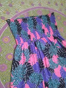 Boho Smocked Strapless Tropical Print Dress