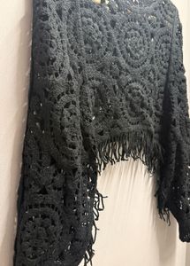 Black Crochet Fringe Poncho Top