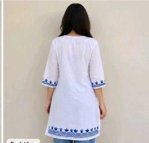 White Kurta with Blue Embroidery