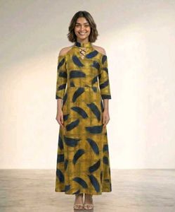 Stylish Yellow & Blue Brush Stroke Gown