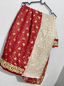 Elegant Red & Gold Brocade Saree with Blouse