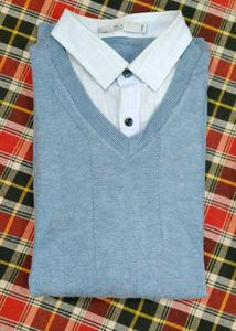 HLA Blue V-Neck Sweater & Shirt Set