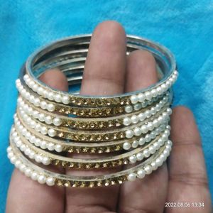 beautiful metal bangles combo with pearl n stone