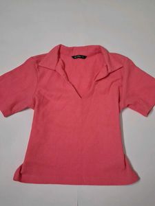 Coral Ribbed Polo Neck Top
