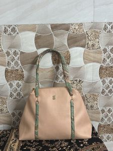Stylish Beige Tote Bag with Green Accents