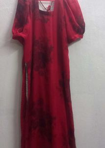 Red Printed Kurta with Puff Sleeves