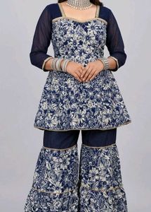 Designer Navy Blue Floral sarara suit