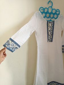 Branded Beautiful White Kurti With Blue Design
