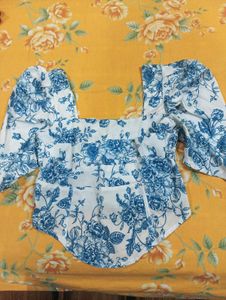 Blue Floral Puff Sleeve Corset Top