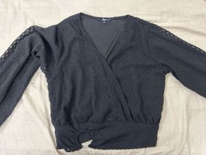 Chic Black Textured Wrap Top