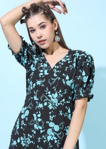Floral Print V-Neck Puff Sleeve Dress