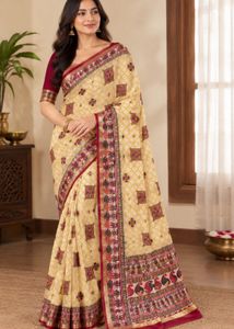 Elegant Cream & Maroon Saree