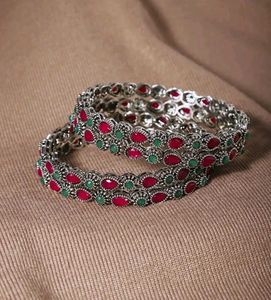 Set Of 4 Oxidised Pink &amp; Green Stone Bangles (2.4)