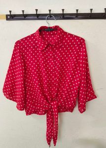 Red Polka Dot Tie-Front Blouse