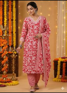 Red Floral Print Kurta Set with Dupatta
