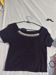 Chic Black Pearl Embellished Top
