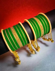 Elegant Green &amp; Gold Bangles with Pearl Dangles