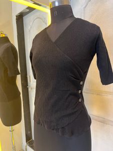 Black Ribbed Wrap Top