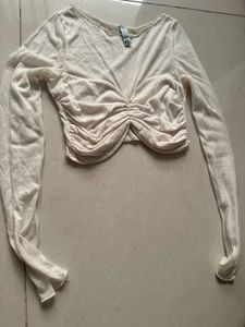Ruched Cream Long Sleeve Top